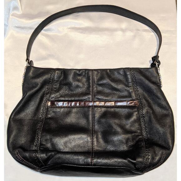 Vintage BRIGHTON Black & Brown Leather Shoulder Bag Handbag + Tassel & Bag Charm - Picture 6 of 13